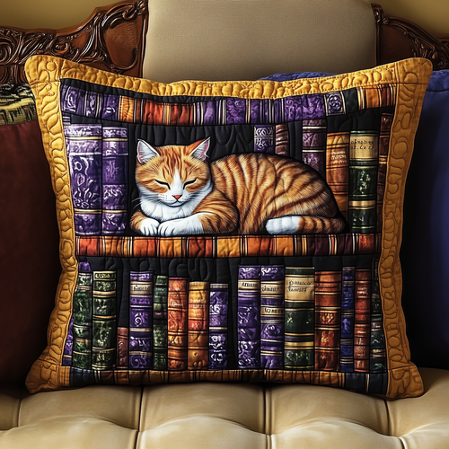 Vintage Bookshelf Cat Quilted Pillow Case GFTONL390