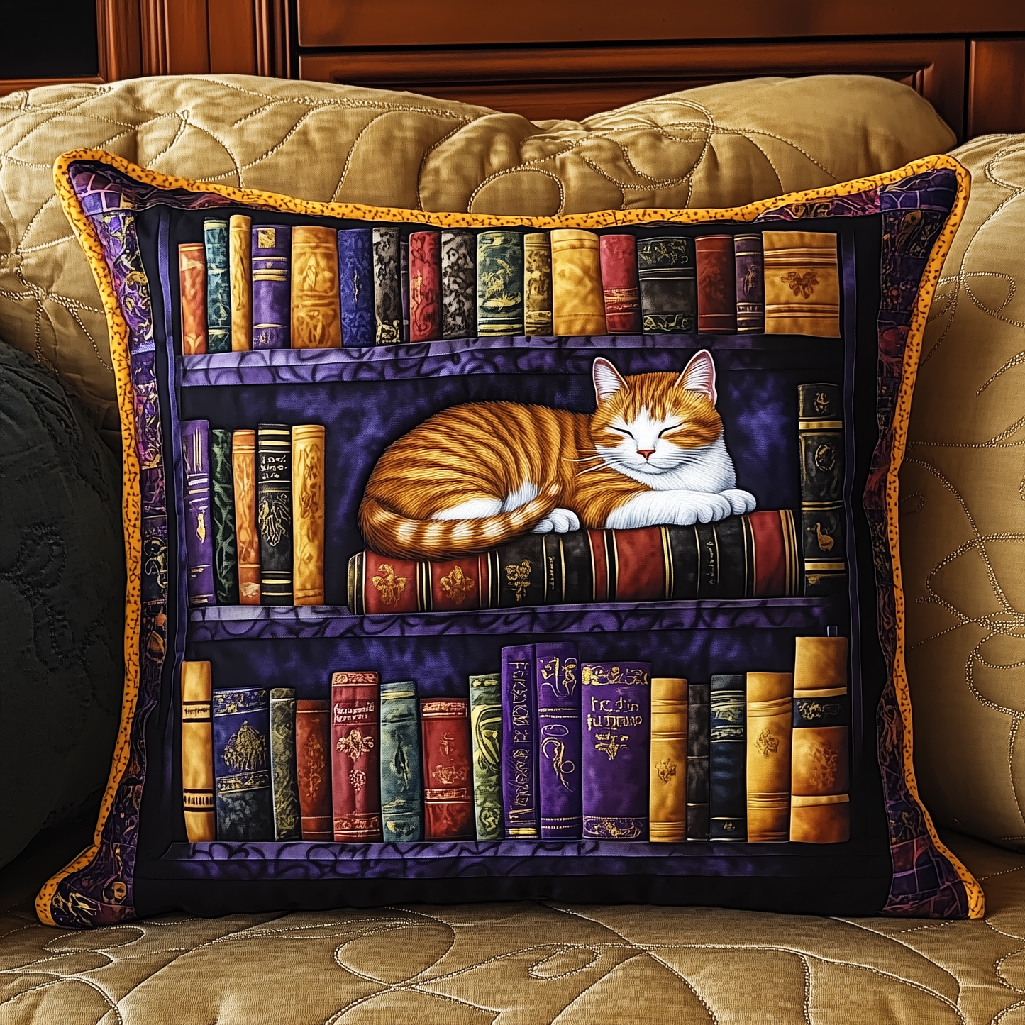 Vintage Bookshelf Cat Quilted Pillow Case GFTONL391