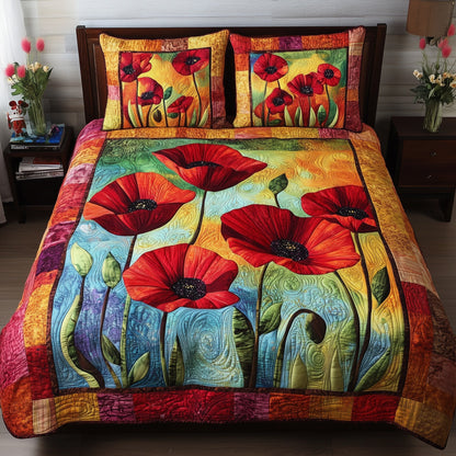 Red Poppies In The Wind 3-Piece Quilted Bedding Set GFTONL4016