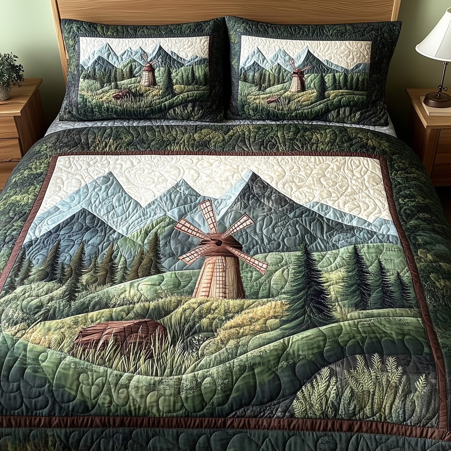 Windmill In Forest 3-Piece Quilted Bedding Set GFTONL4026