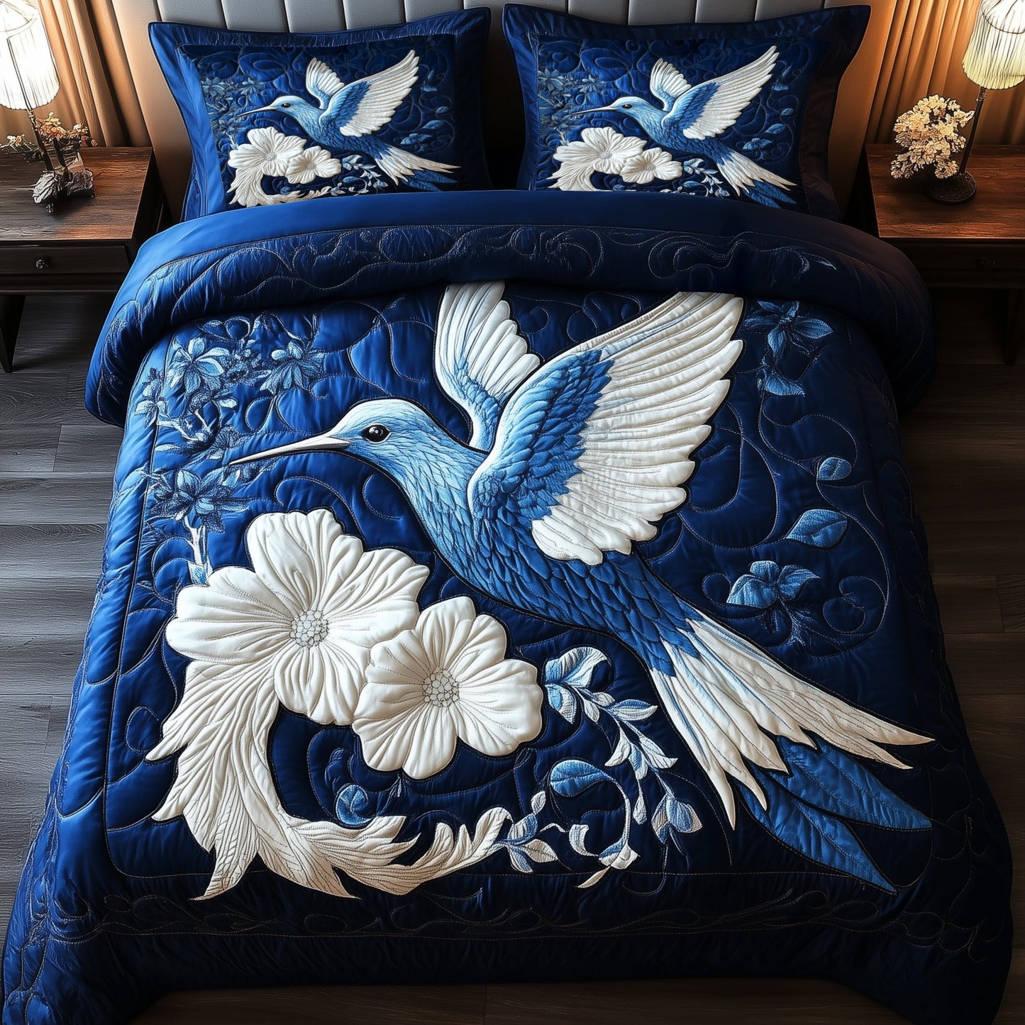 Indigo Whisper Hummingbird 3-Piece Quilted Bedding Set GFTONL4072