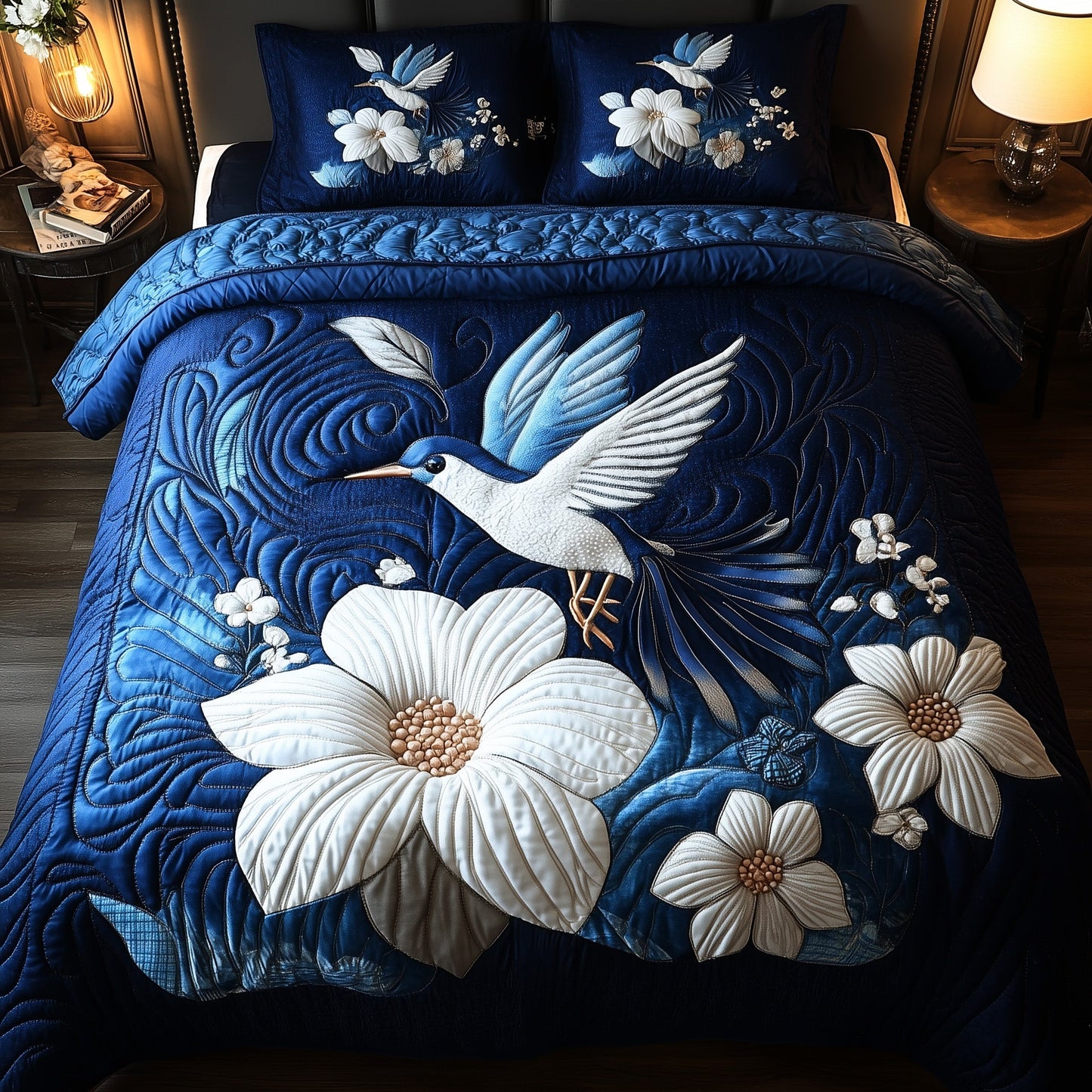 Midnight Bloom Hummingbird 3-Piece Quilted Bedding Set GFTONL4073