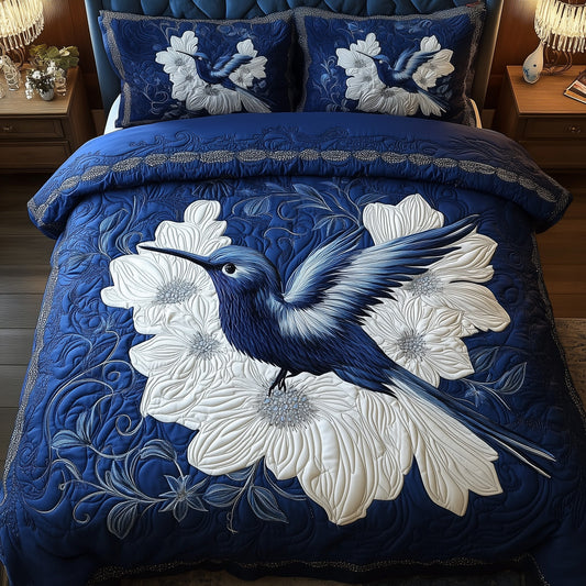 Royal Blue Hummingbird 3-Piece Quilted Bedding Set GFTONL4083