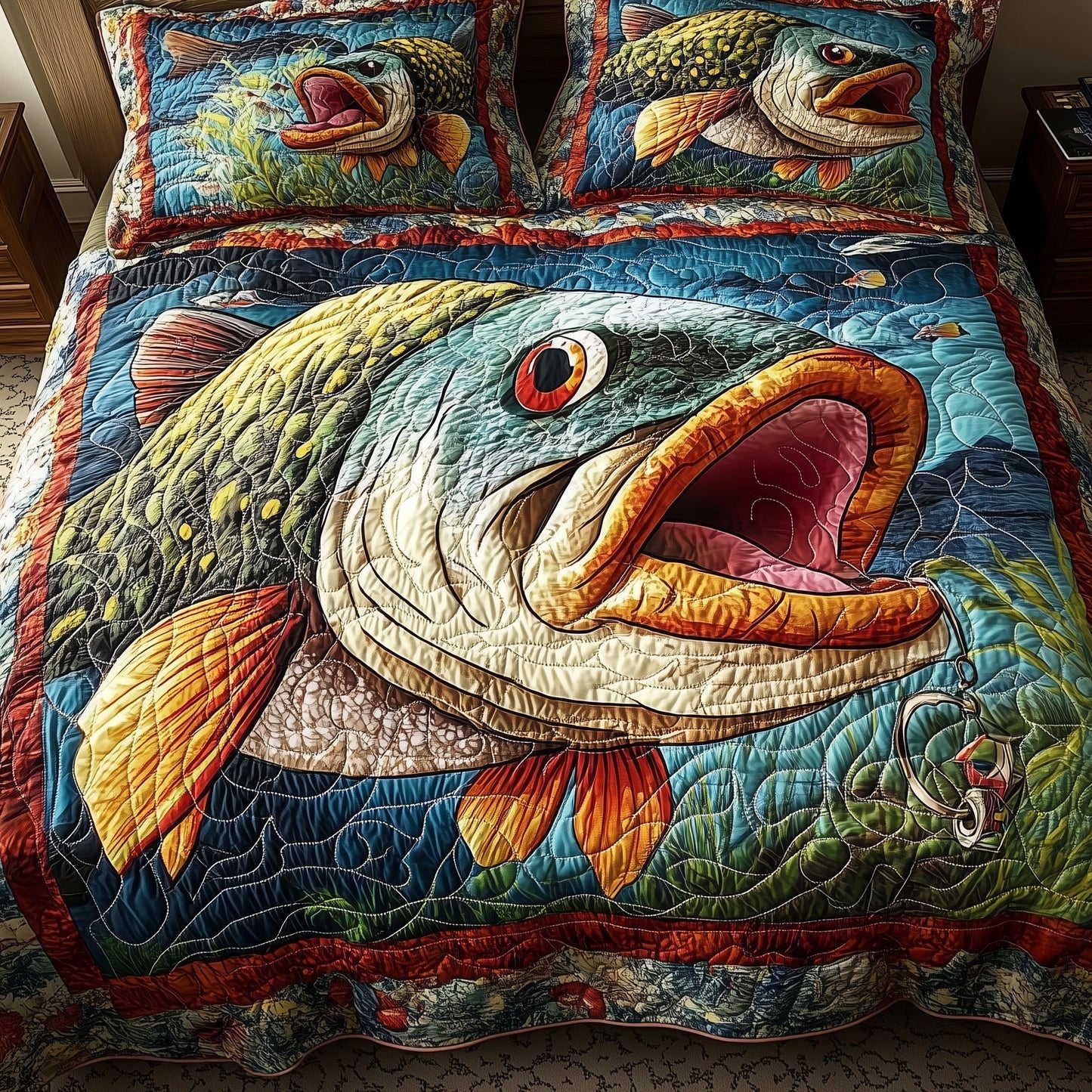 Largemouth Fishing 3-Piece Quilted Bedding Set GFTONL4262
