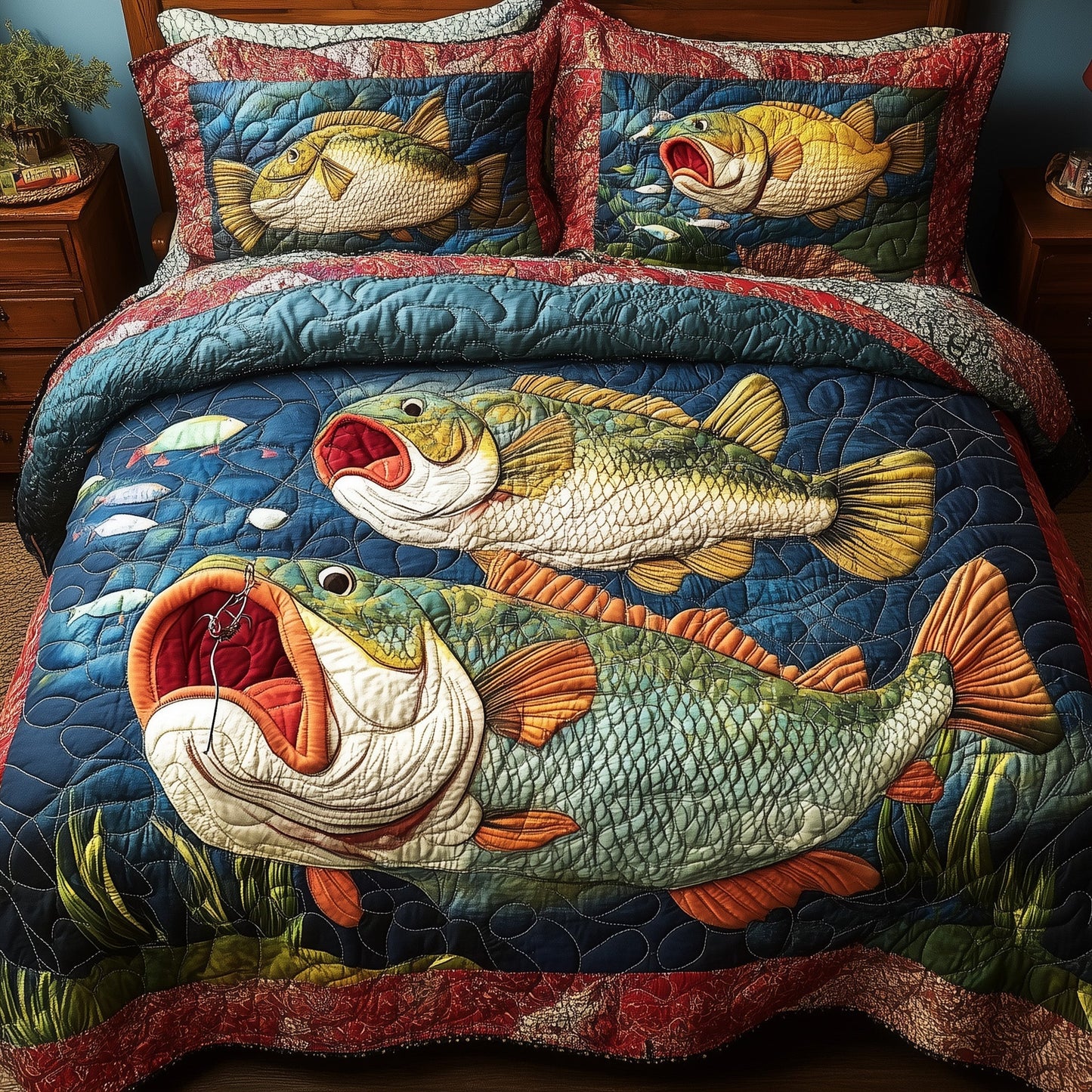 Largemouth Fishing 3-Piece Quilted Bedding Set GFTONL4265