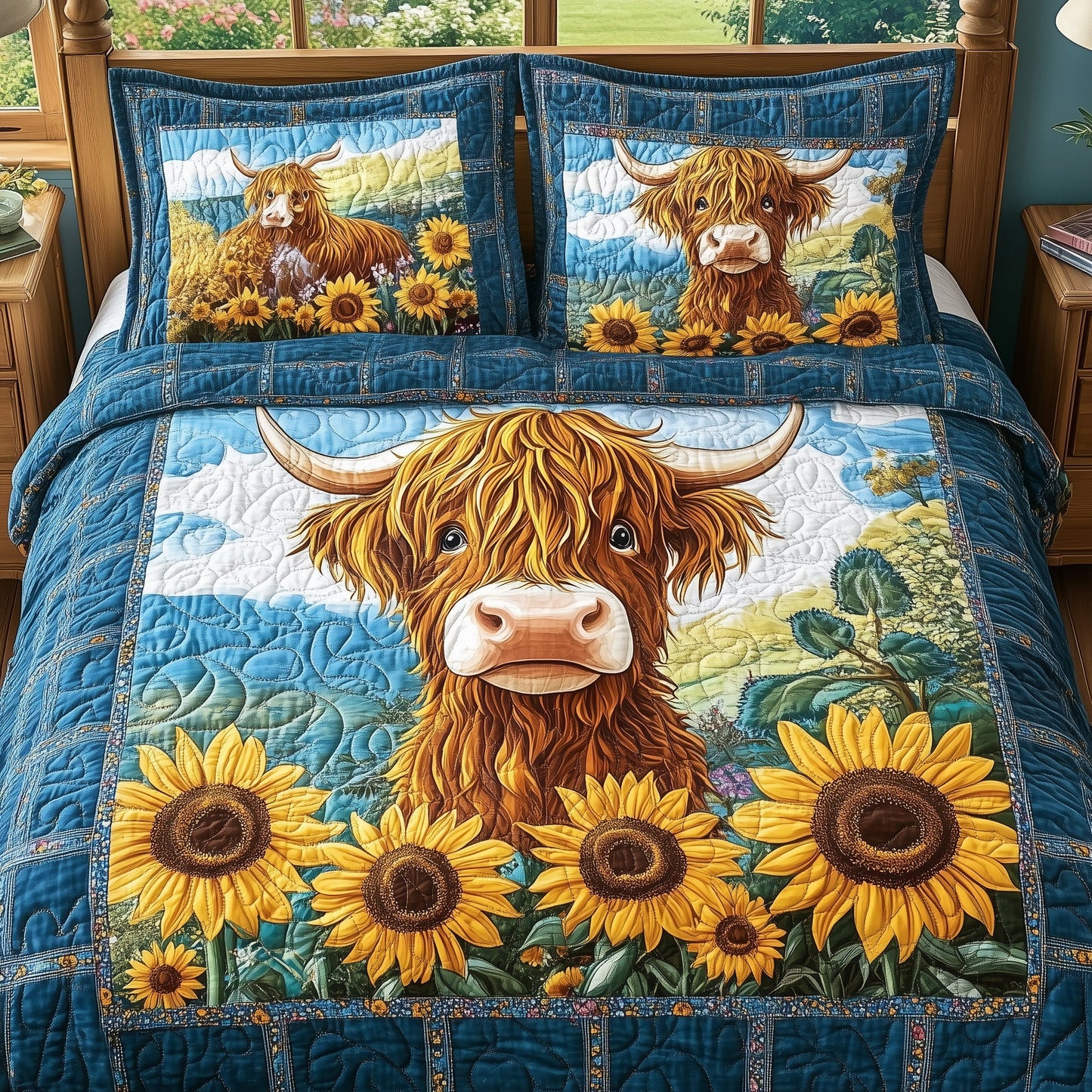 Sunflower Highland Cow 3-Piece Quilted Bedding Set GFTONL4296