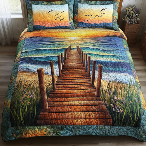 Sunset Wooden Dock 3-Piece Quilted Bedding Set GFTONL4305
