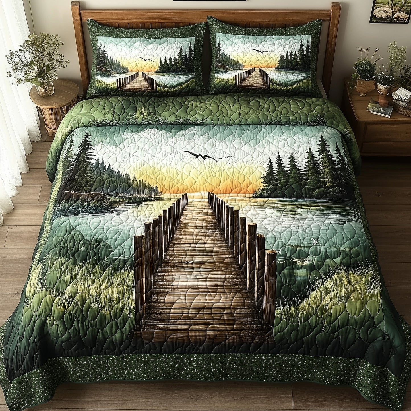 Lake Wooden Dock 3-Piece Quilted Bedding Set GFTONL4309