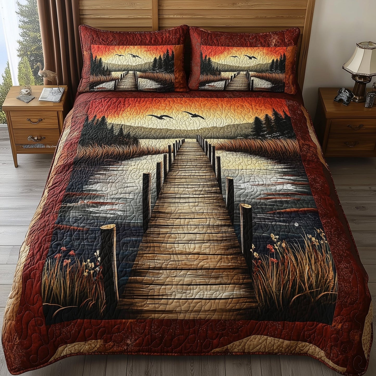 Rustic Wooden Dock 3-Piece Quilted Bedding Set GFTONL4310
