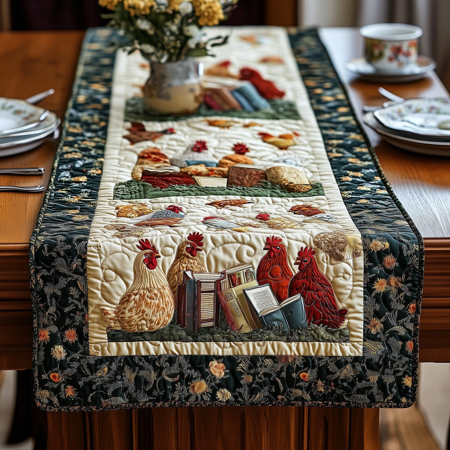 Book and Chicken Quilted Table Runner GFTONL4326