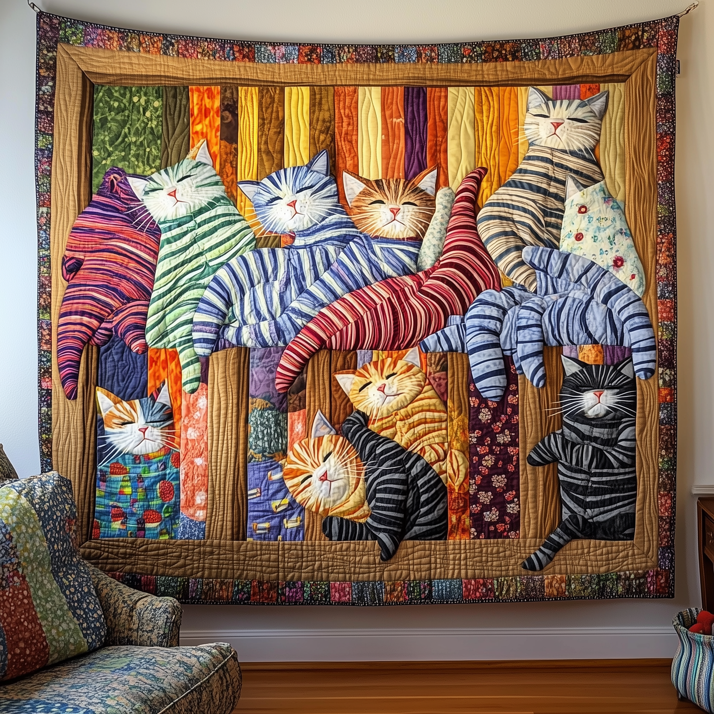 Colorful Sleeping Striped Pajama Cat Quilted Blanket GFTONL474