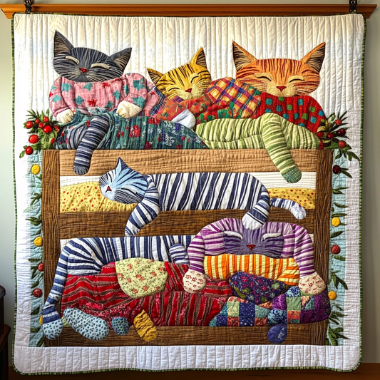 Colorful Sleeping Striped Pajama Cat Quilted Blanket GFTONL475