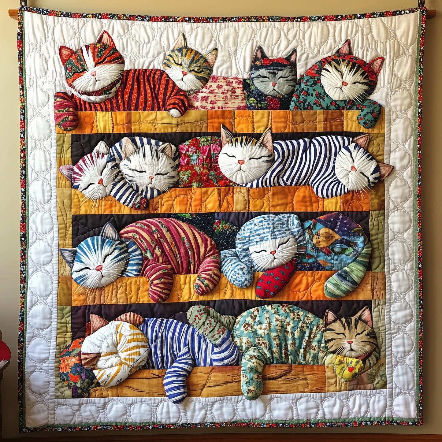 Colorful Sleeping Striped Pajama Cat Quilted Blanket GFTONL476