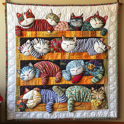 Colorful Sleeping Striped Pajama Cat Quilted Blanket GFTONL476
