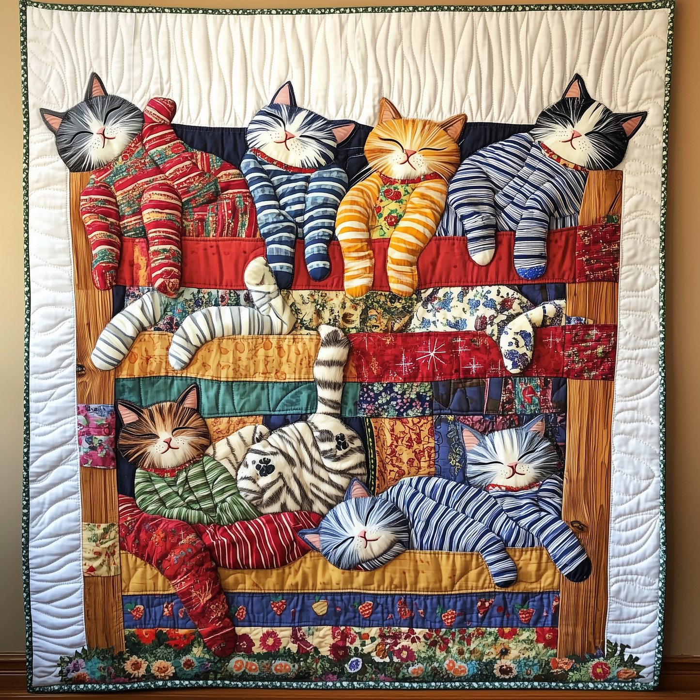 Colorful Sleeping Striped Pajama Cat Quilted Blanket GFTONL477