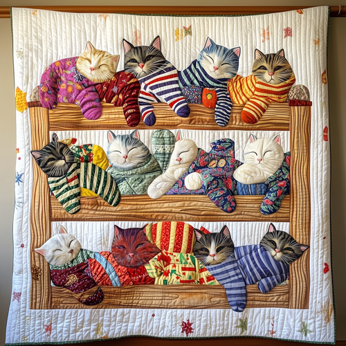 Colorful Sleeping Striped Pajama Cat Quilted Blanket GFTONL478