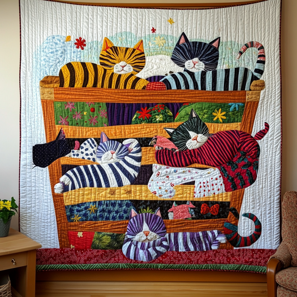 Colorful Sleeping Striped Pajama Cat Quilted Blanket GFTONL479