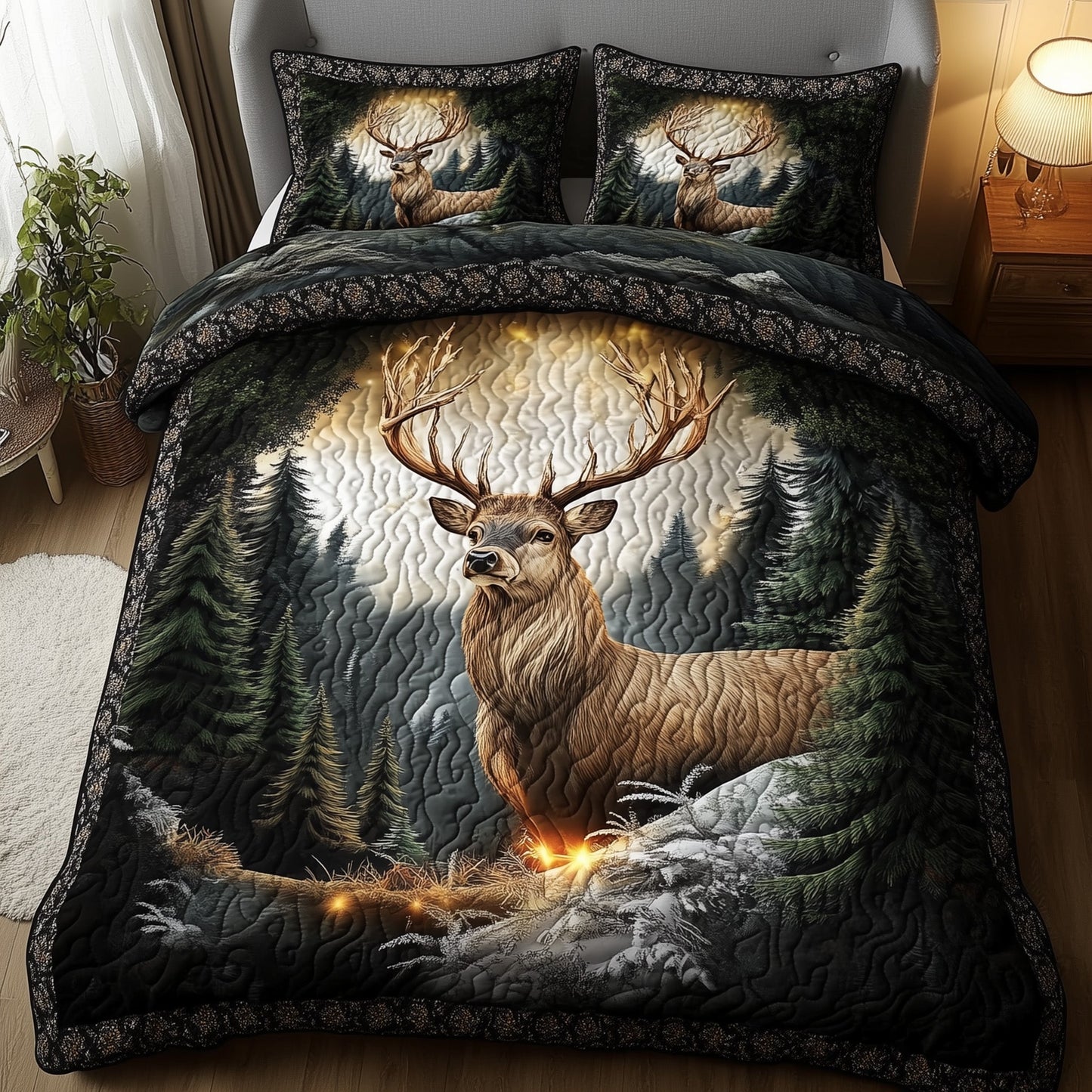 Misty Forest Deer 3-Piece Quilted Bedding Set GFTONL4821