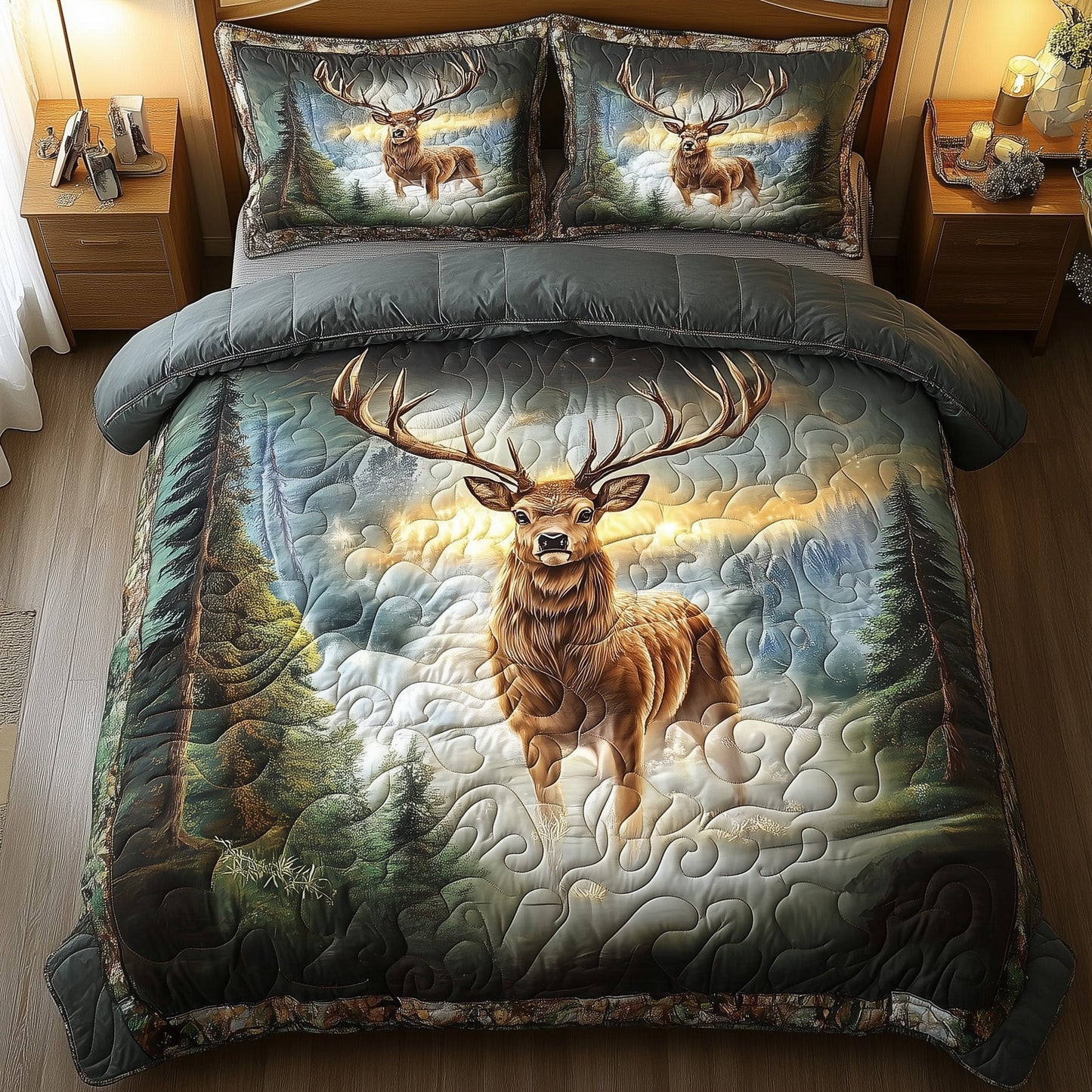 Misty Forest Deer 3-Piece Quilted Bedding Set GFTONL4824