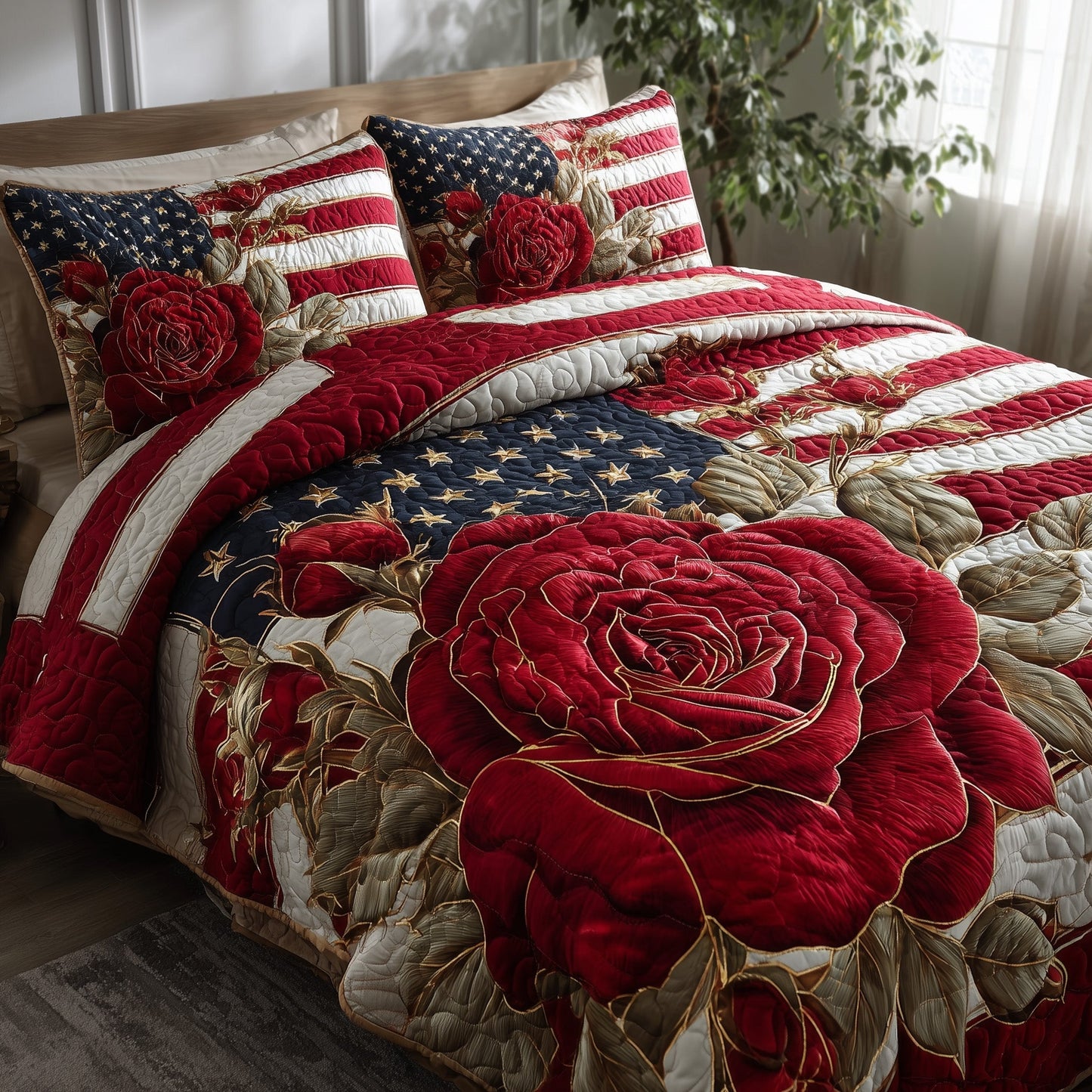 Patriotic Rose 3-Piece Quilted Bedding Set GFTONL4953