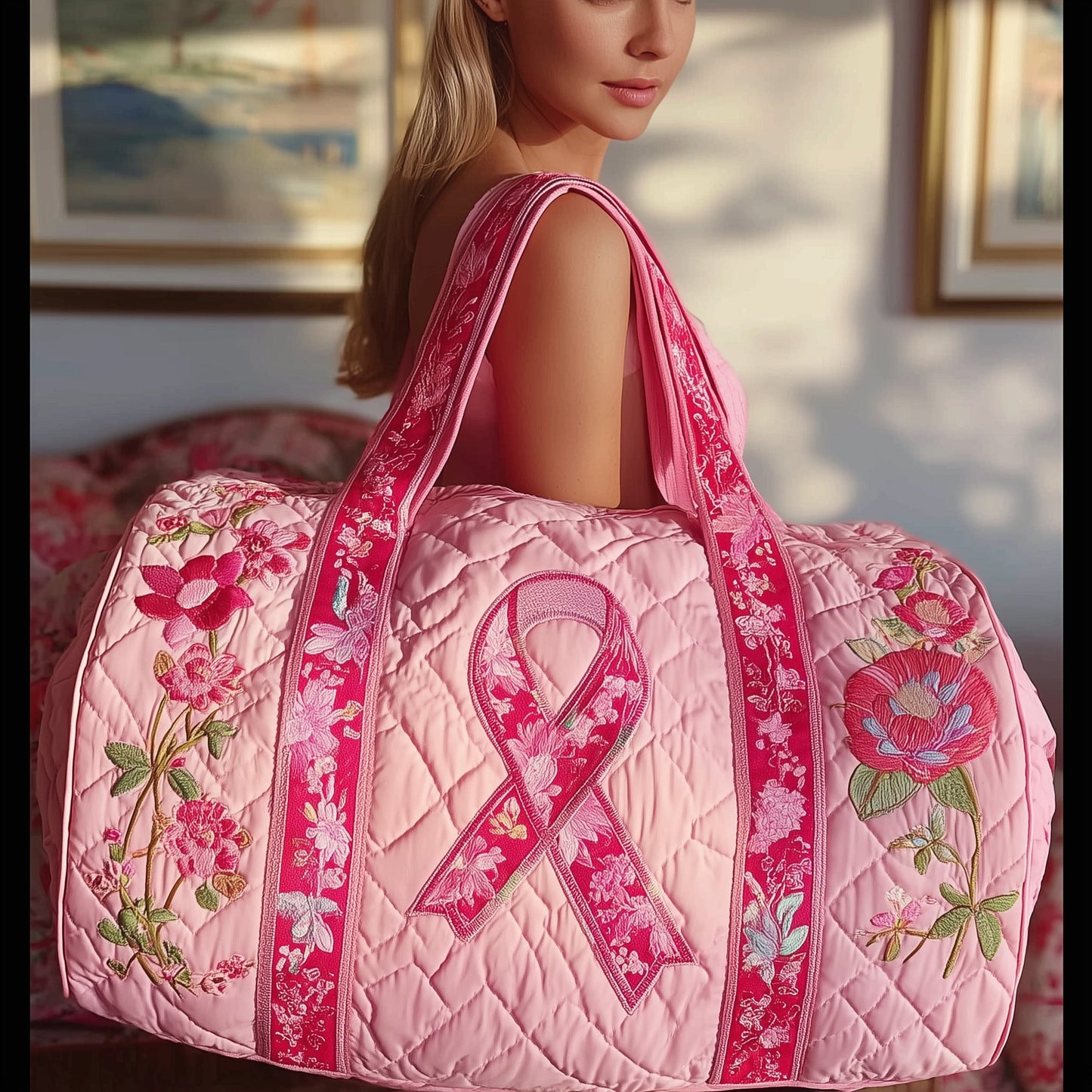 Breast Cancer Ribbon Quilted Duffle Bag GFTONL5162