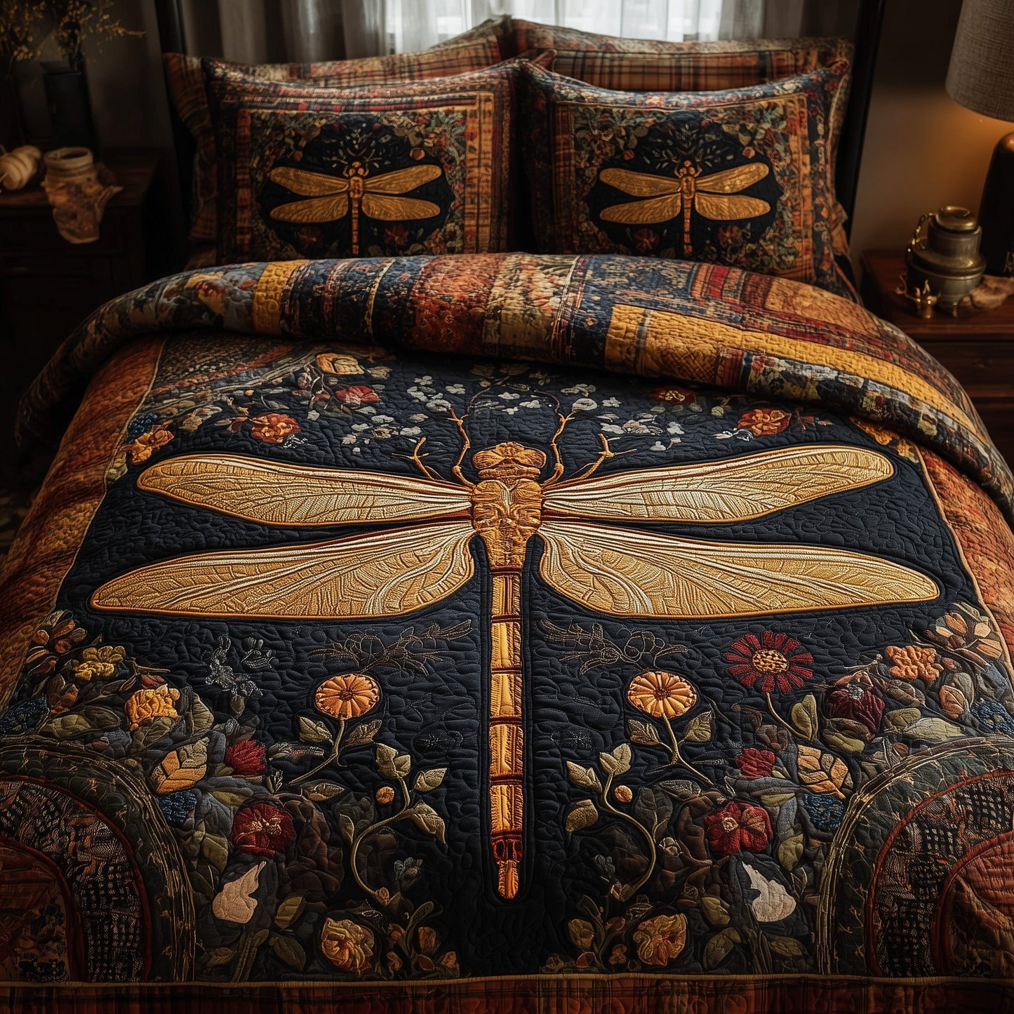 Golden Dragonfly 3-Piece Quilted Bedding Set GFTONL5294