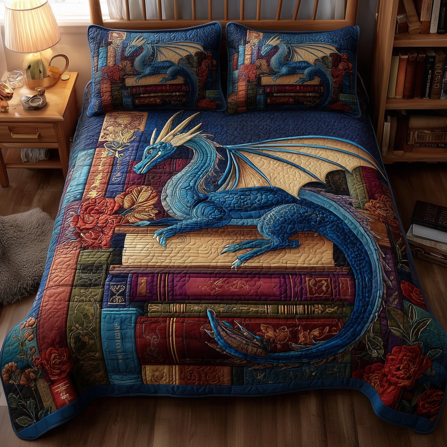 Bookworm Dragon 3-Piece Quilted Bedding Set GFTONL5352