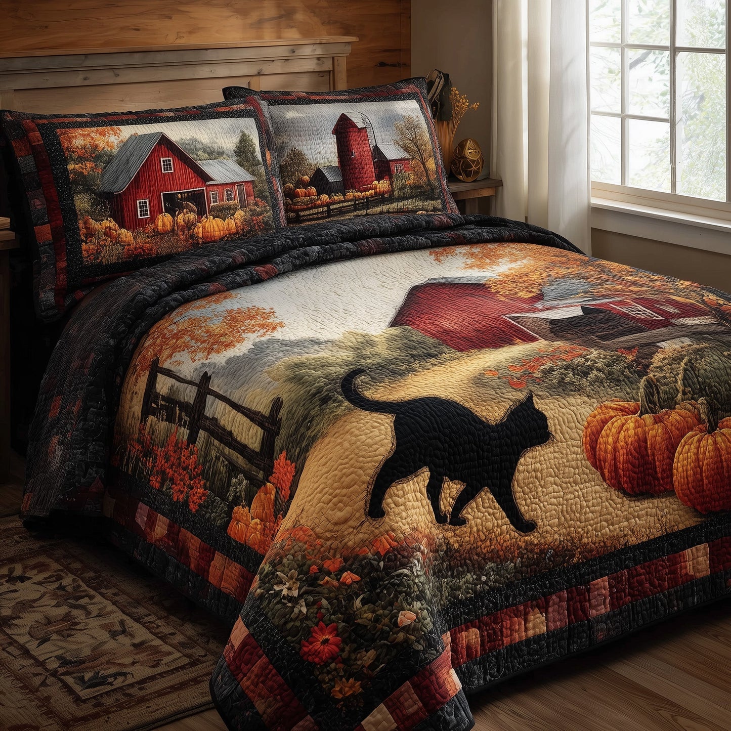 Black Cat Autumn 3-Piece Quilted Bedding Set GFTONL6006