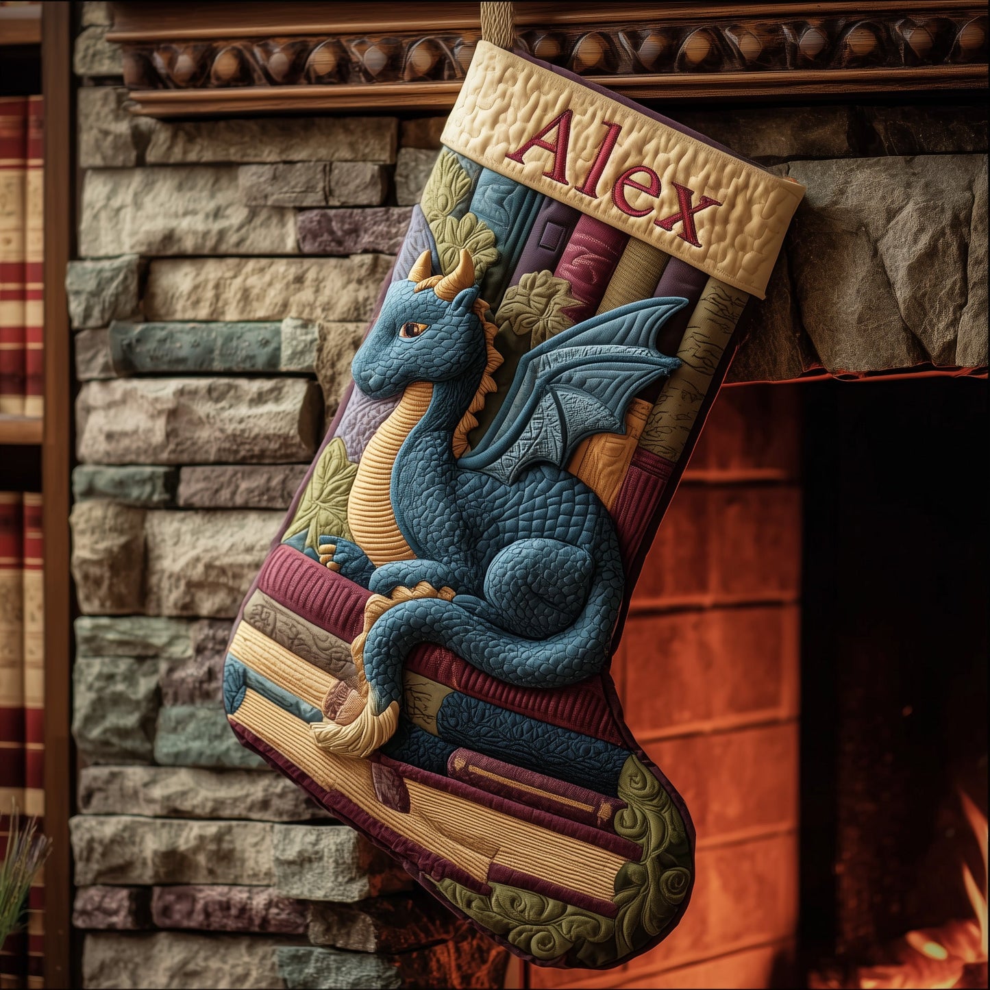 Dragon And Books Quilted Christmas Stocking GFTONL6087