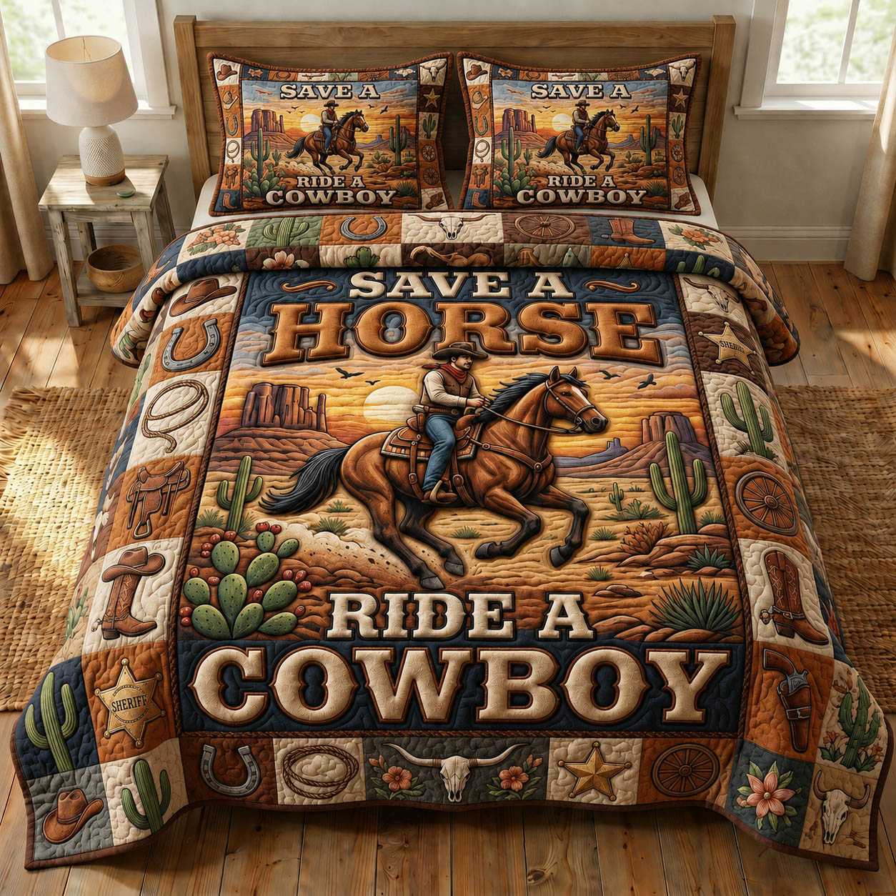 Western Cowboy 3-Piece Quilted Bedding Set GFTONMU1343