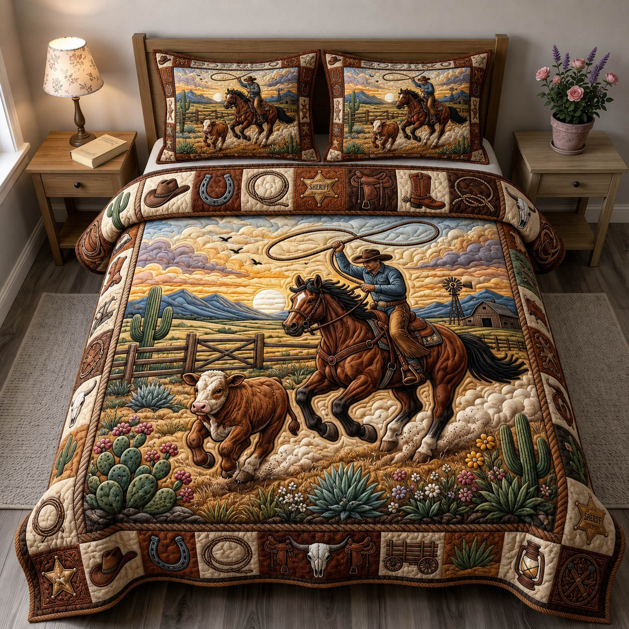 Western Cowboy 3-Piece Quilted Bedding Set GFTONMU1345