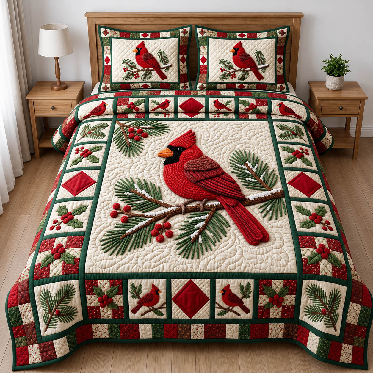 Red Cardinal 3-Piece Quilted Bedding Set GFTONMU2407