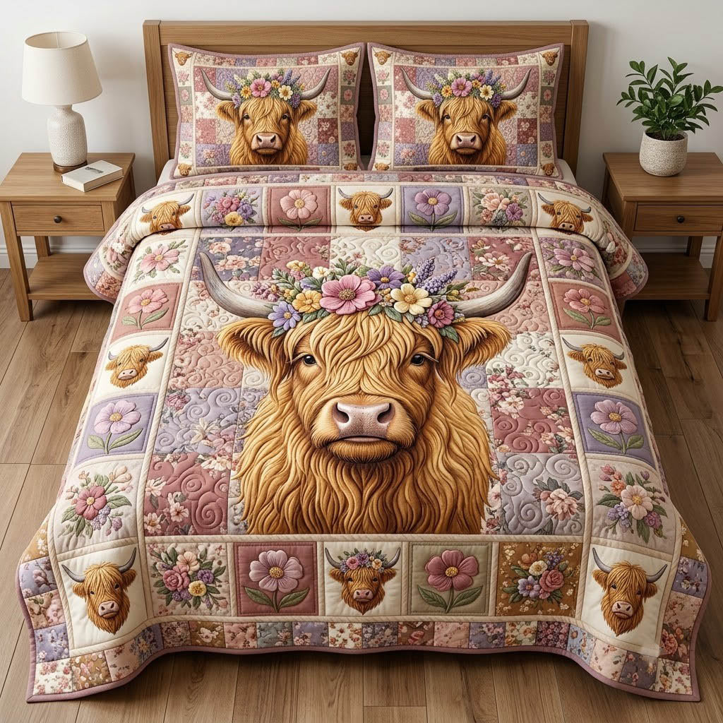Highland Cow 3-Piece Quilted Bedding Set GFTONMU2413