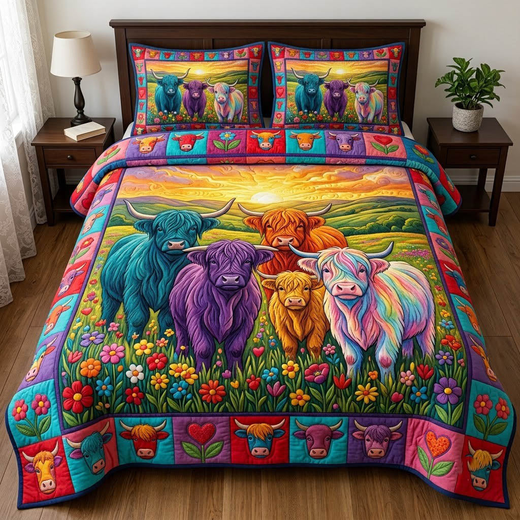 Highland Cow 3-Piece Quilted Bedding Set GFTONMU2415