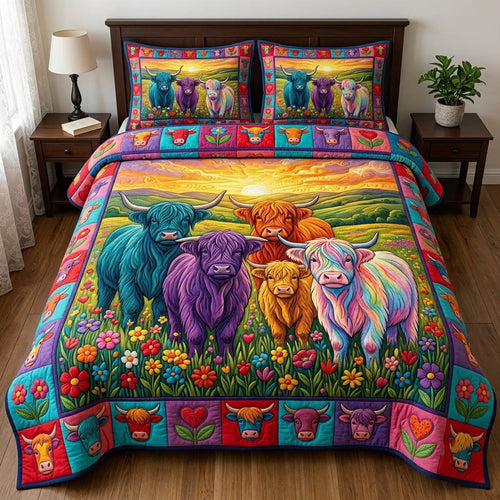 Highland Cow 3-Piece Quilted Bedding Set GFTONMU2415