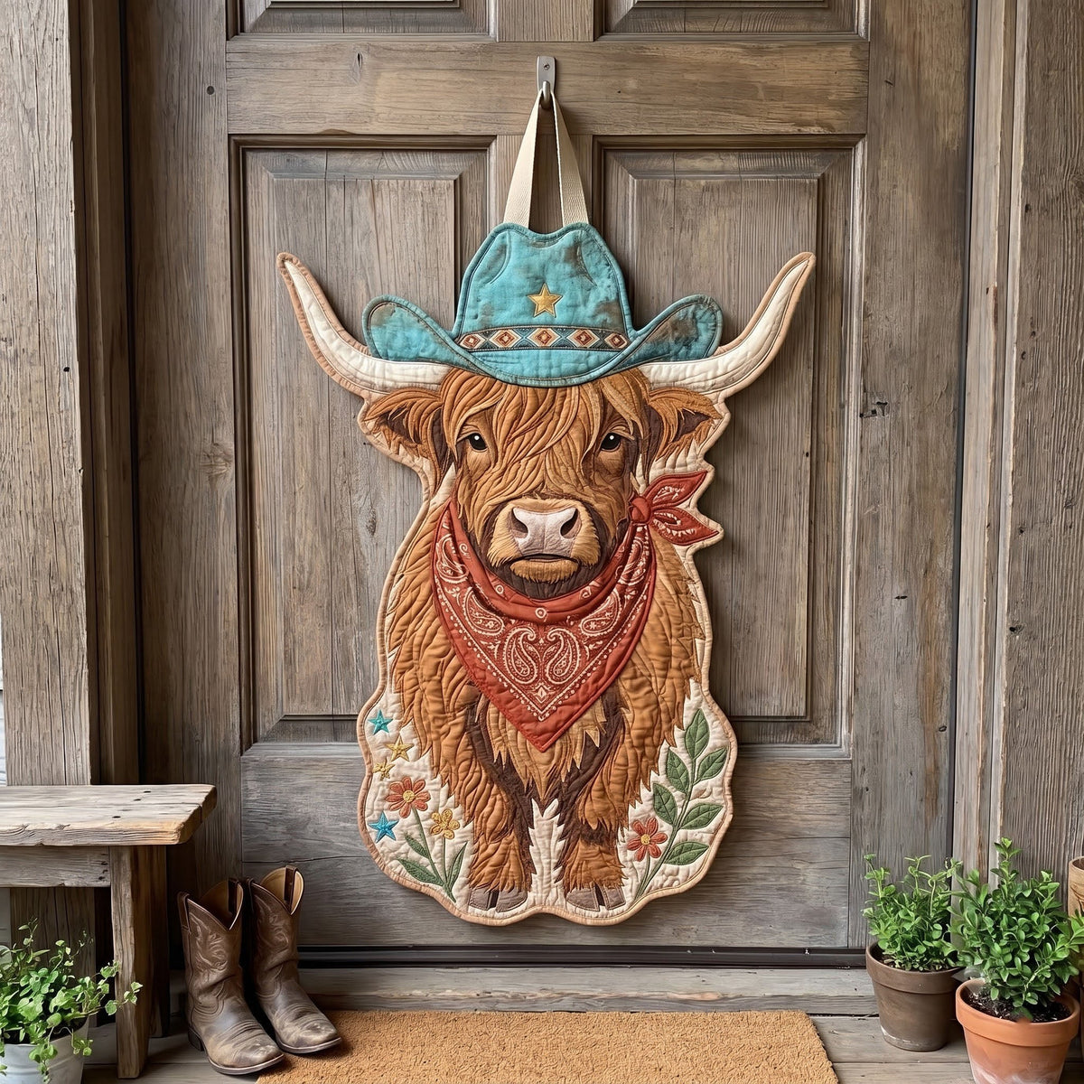 Highland Cow Custom Shape Quilted Door Hanger GFTONMU4176