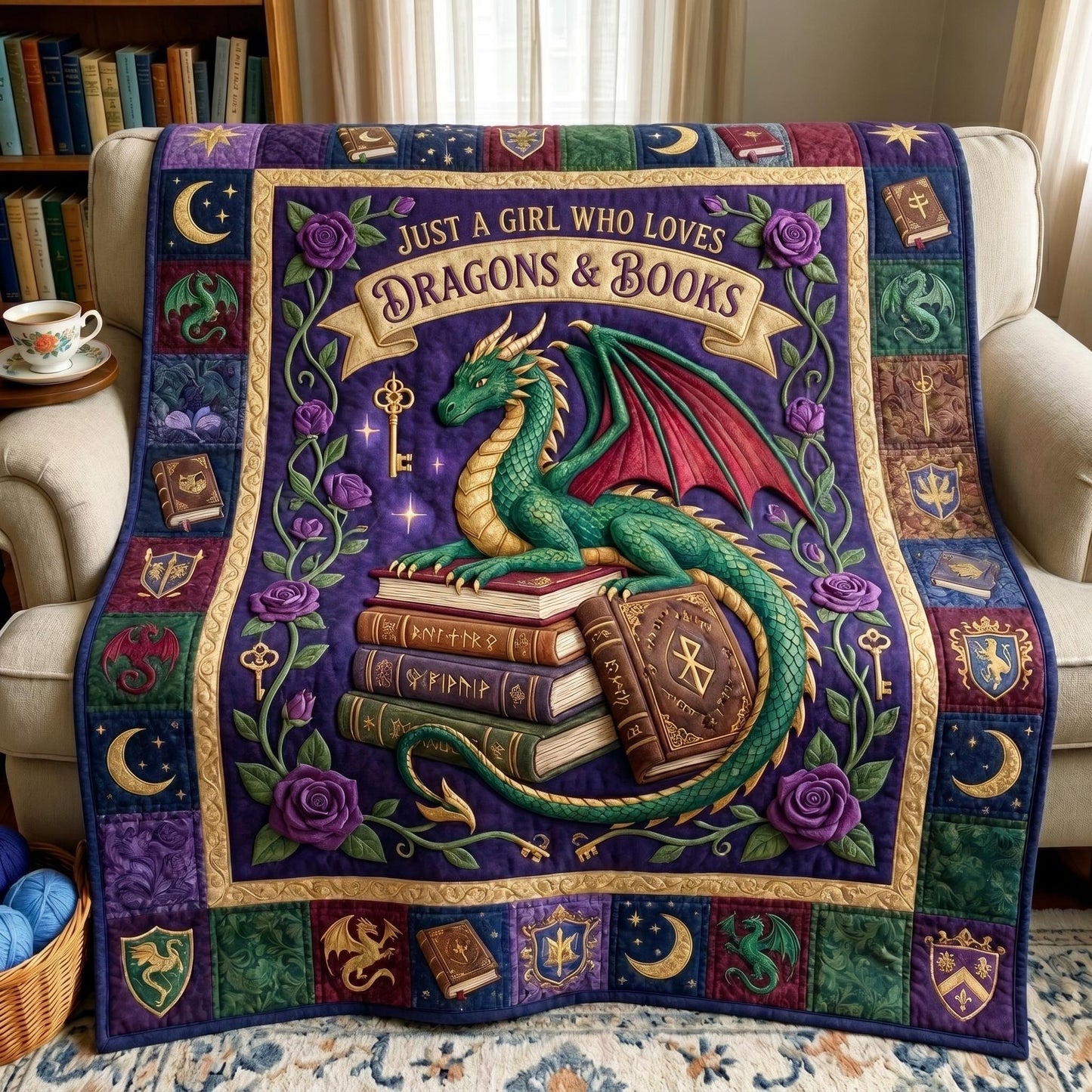 Bookworm Dragon Quilted Blanket GFTONMU618