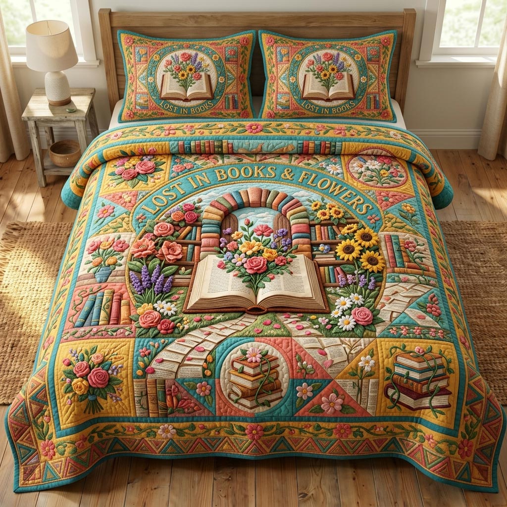 Floral Library 3-Piece Quilted Bedding Set GFTONMU688