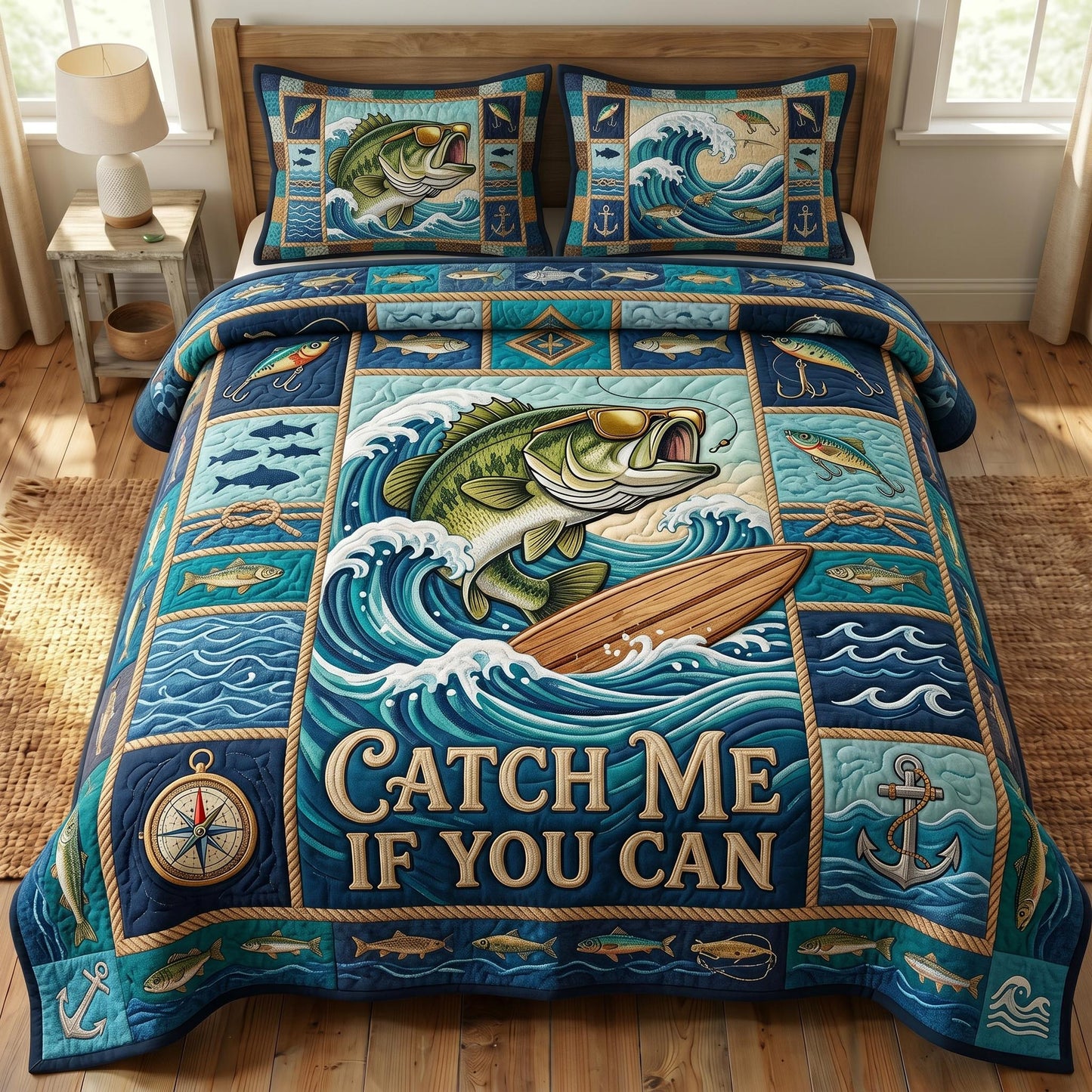 Bass Fishing 3-Piece Quilted Bedding Set GFTONMU757
