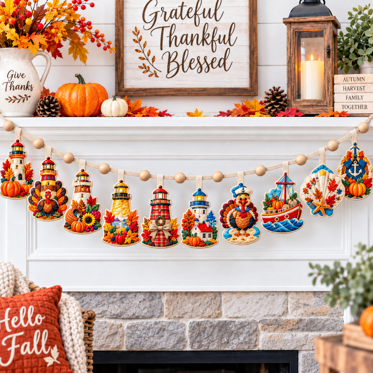 Thanksgiving Lighthouse Custom Shape Quilted Garland GFTONPT1078