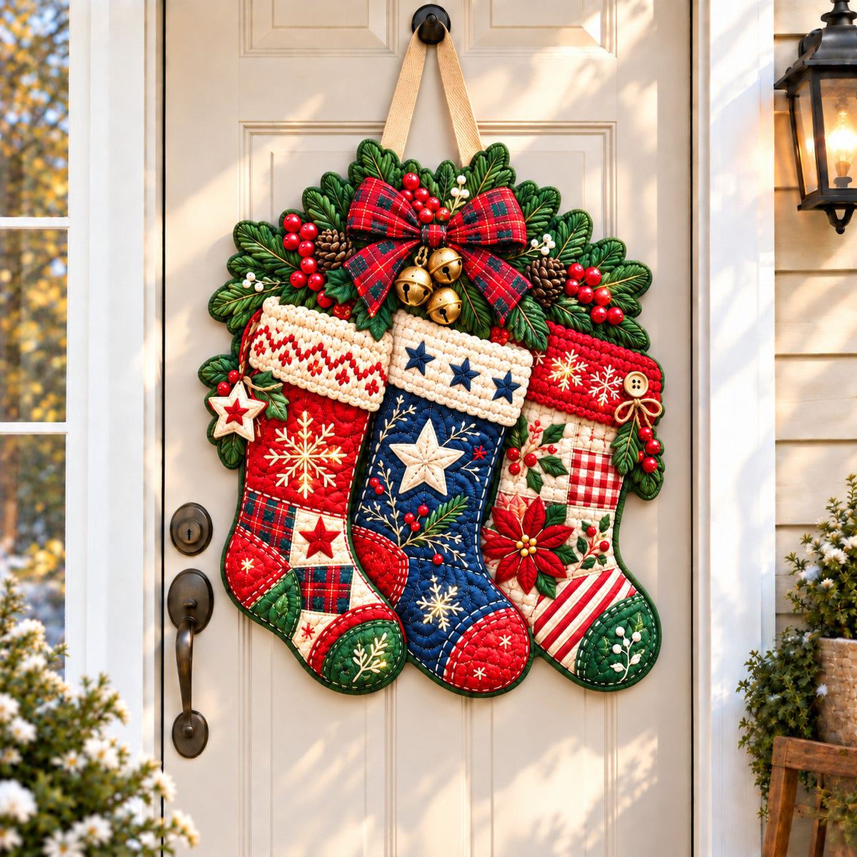 Americana Christmas Stockings Custom Shape Quilted Door Hanger GFTONPT1083