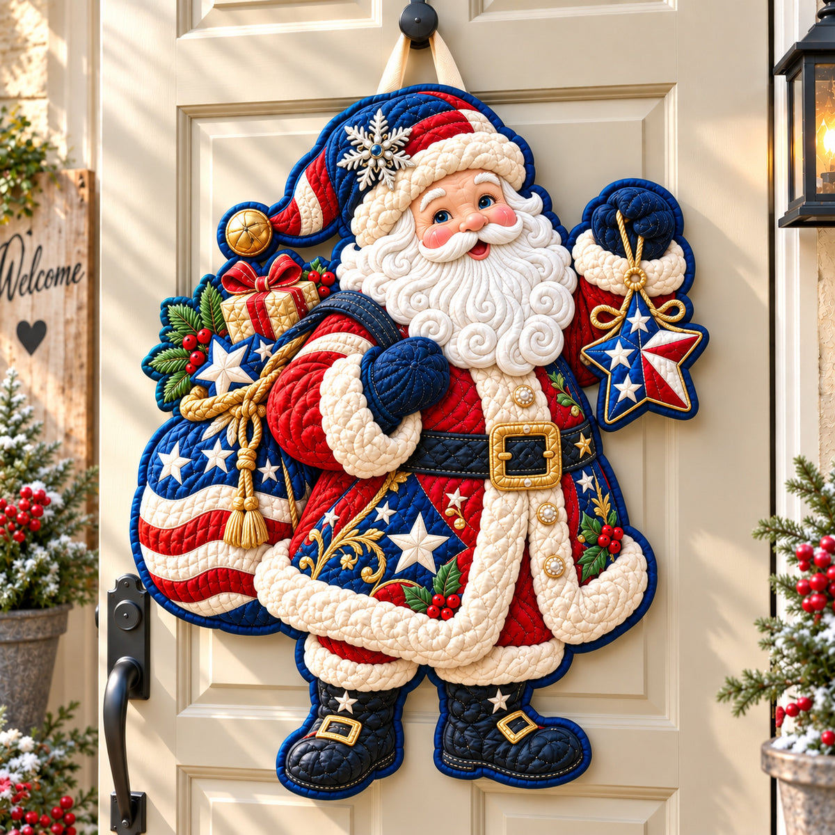 Patriotic Santa Custom Shape Quilted Door Hanger GFTONPT1084