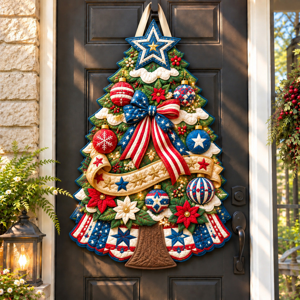 Patriotic Christmas Tree Custom Shape Quilted Door Hanger GFTONPT1085