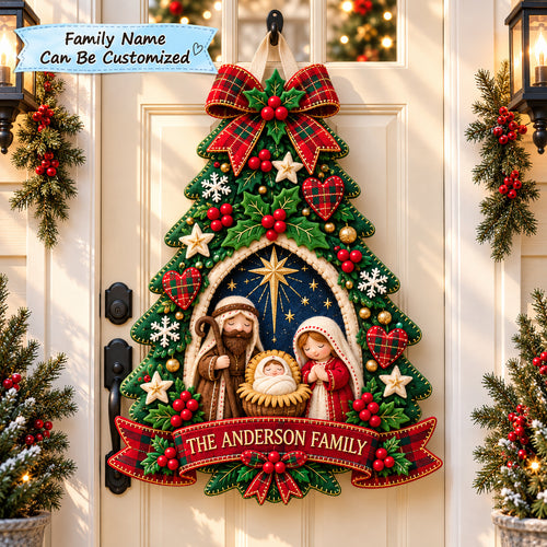 Personalized Christmas Tree Nativity Custom Shape Felt Door Hanger QTCUZ GFTONPT1180