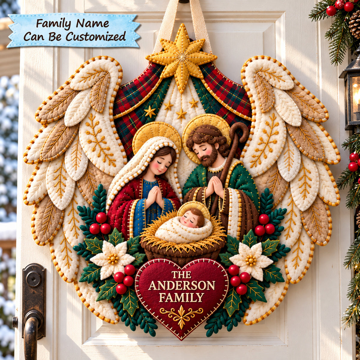 Personalized Angel Wings Nativity Custom Shape Felt Door Hanger QTCUZ GFTONPT1181