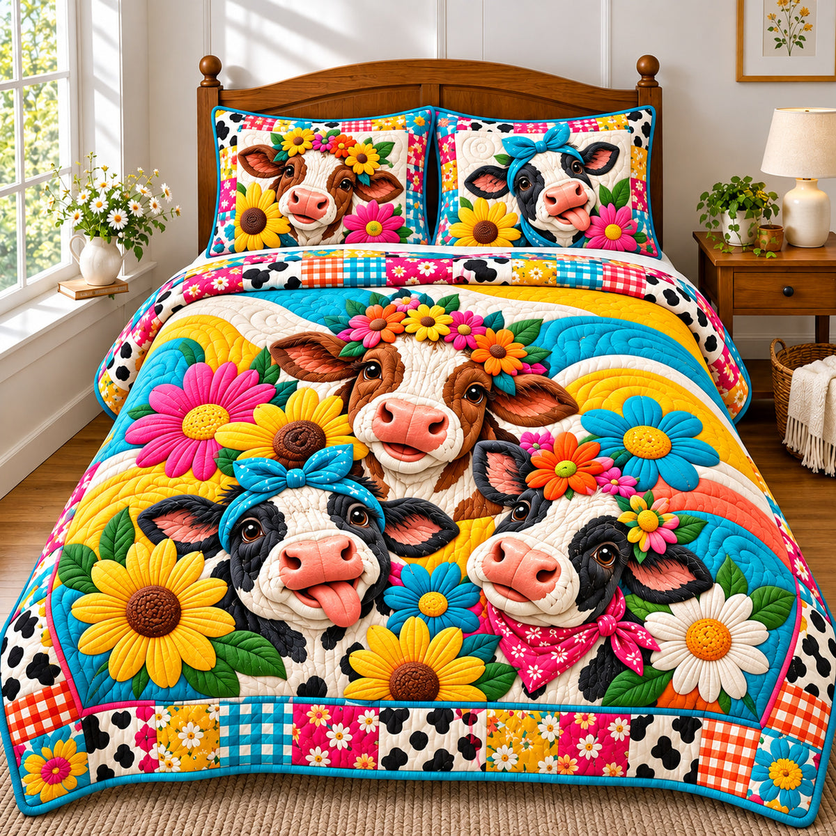 Floral Funky Cow 3-Piece Quilted Bedding Set GFTONPT1378