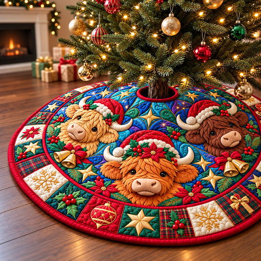Christmas Highland Cow Wishes Quilted Tree Skirt GFTONPT1548