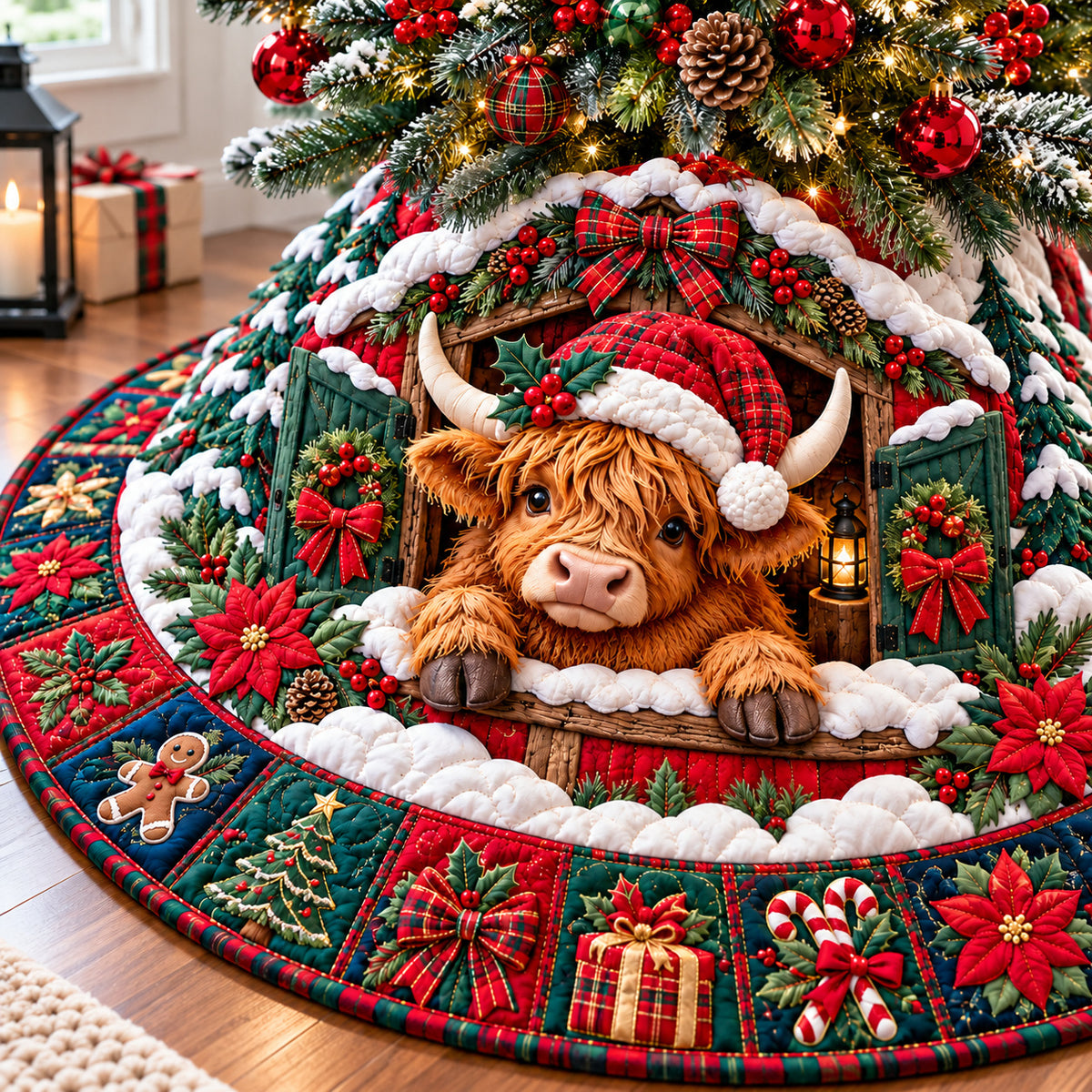 Christmas Highland Cow Village Quilted Tree Skirt GFTONPT1550