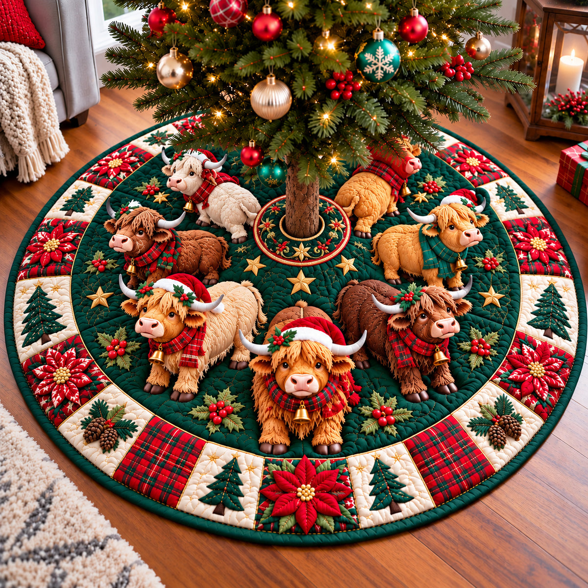 Christmas Highland Cow Wonderland Quilted Tree Skirt GFTONPT1551