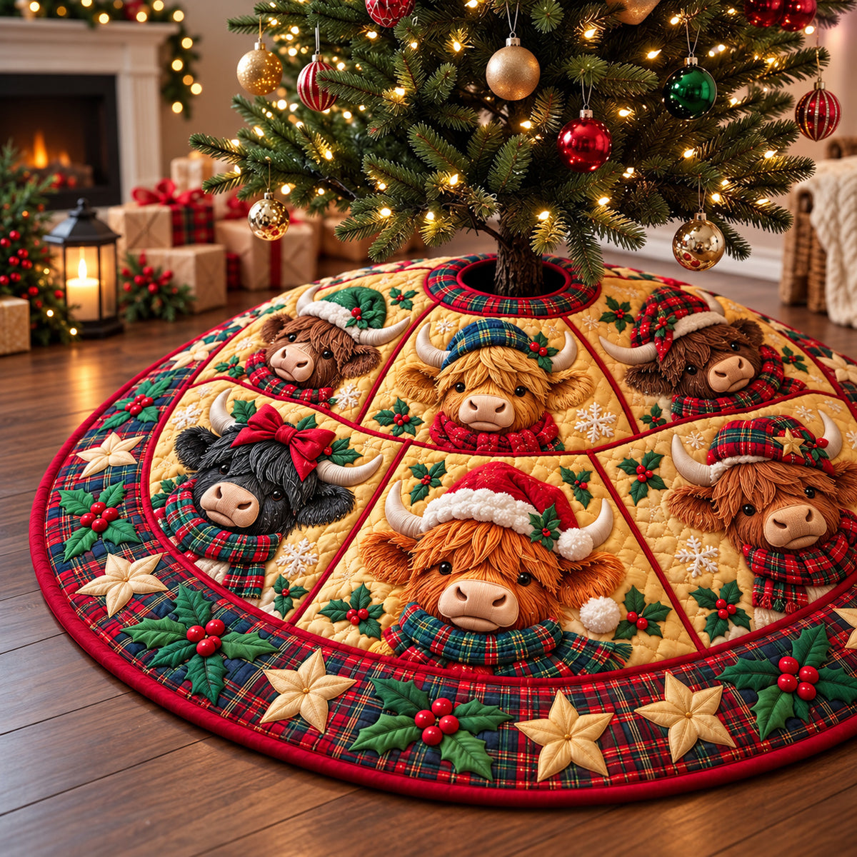 Christmas Highland Cow Adventure Quilted Tree Skirt GFTONPT1552